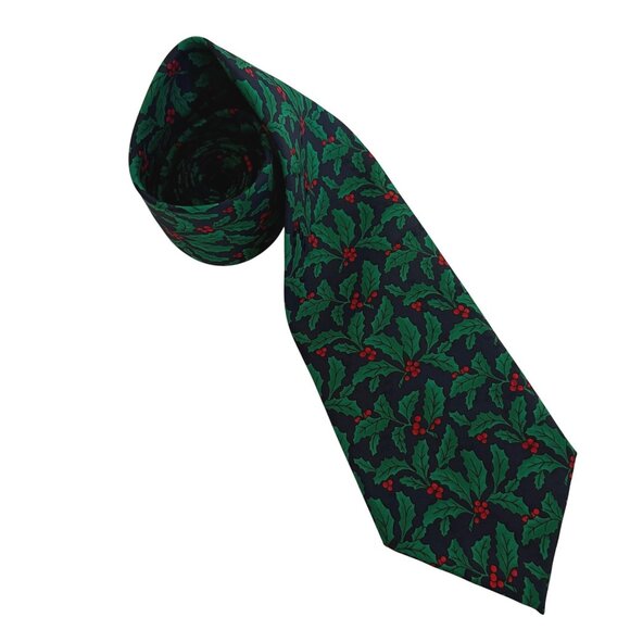 Hallmark Yule Tie Greetings Holiday Holly Polyester Christmas Mens Necktie Gift - Picture 1 of 9